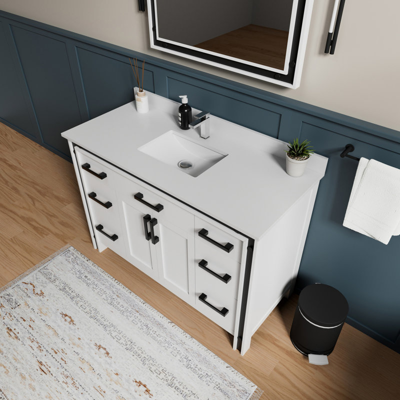 Dark Grey Bath Vanity 48 in. W x 22 in. D, White Quartz Top and 34 in. Mirror, White