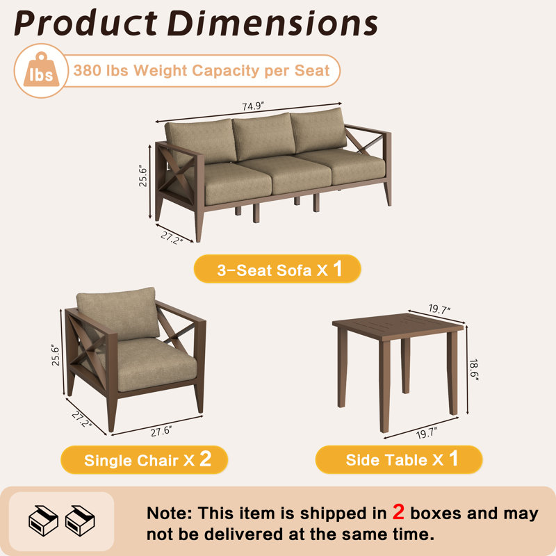 6-Piece Oversized Aluminum Patio Furniture Set–Brown Outdoor Conversation Sofa Set with Coffee Table, Deep Seating, Rust-Proof, All-Weather for Backyard, Deck, Balcony