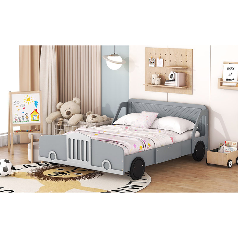 Lit plateforme gris en forme de voiture avec roues robustes - Option de chambre à coucher confortable pleine grandeur et pratique
