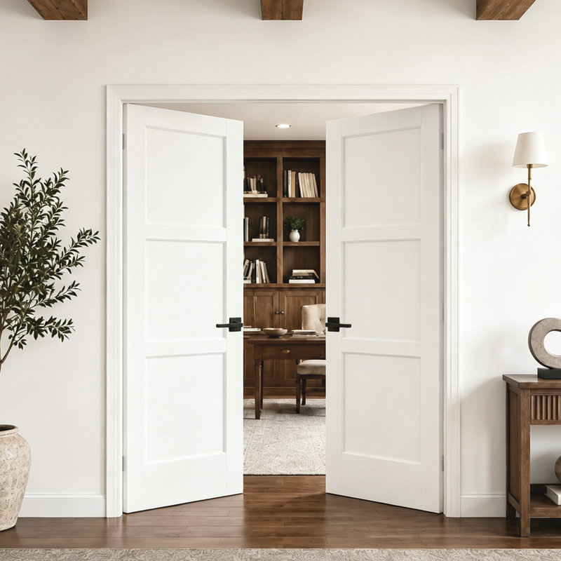 Double porte intérieure à 3 panneaux de style shaker avec cadre blanc en MDF pré-monté et porte en bois massif avec finition blanche pour la chambre à coucher, le placard et le garde-manger