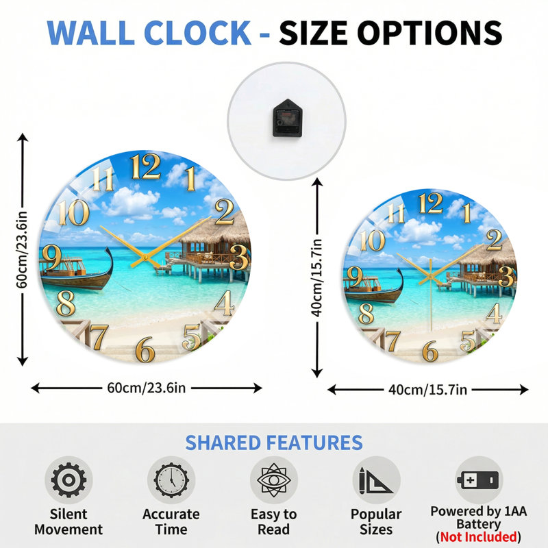 "Tropical Beach", horloge murale en verre, 40 x 40 cm (15,7 x 15,7 pouces)