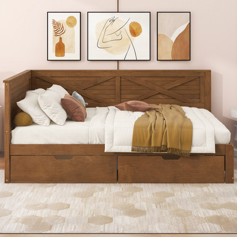 Lit de jour simple en bois avec 2 tiroirs et garde-corps rustique, Brun