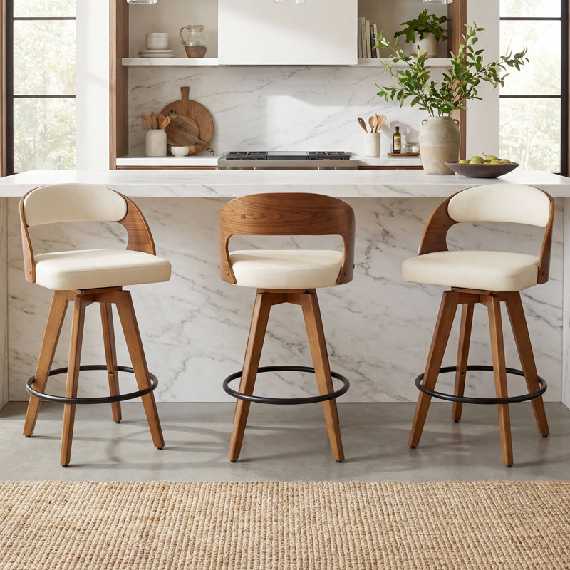 Chandler Modern Swivel Faux Leather Counter Stools (Set Of 3), Beige Faux Leather, Counter Stool (26.78” Seat Height)