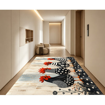 Farmhouse Style Machine Washable Area Rug with Non‑Slip Backing, Black White Chicken Rooster Pattern Floor Carpet, Cozy Indoor Home Decor for Living Room, Bedroom, Entryway, Front Door, Kitchen, Balcony, Apartment