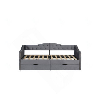 Lit plateforme Cloud entièrement capitonné en tissu bouclé, avec 2 tiroirs de rangement et ports de chargement USB, gris
