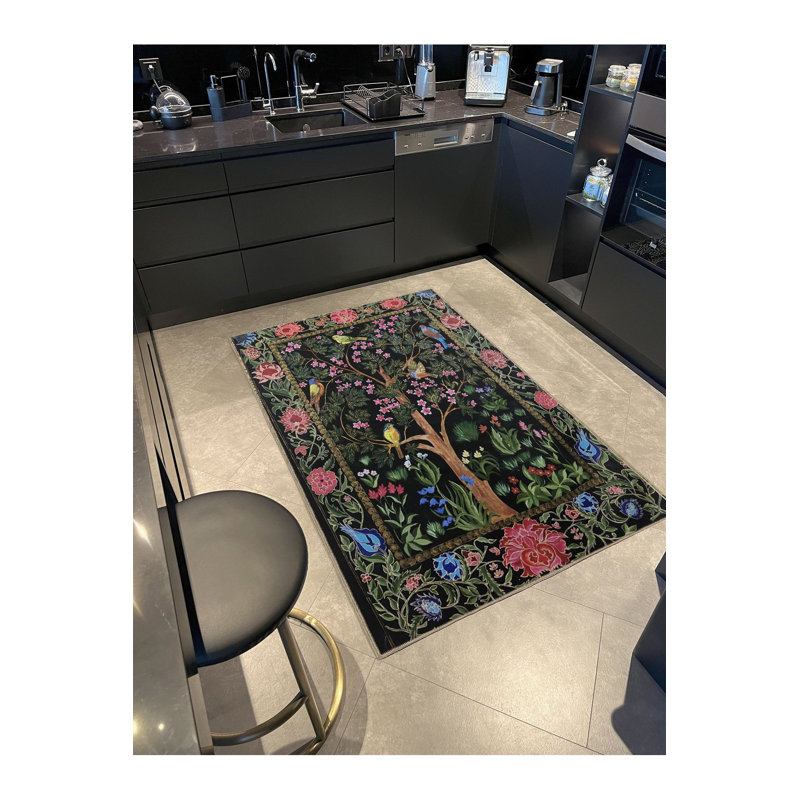 Tapis multicolore à motif de roses et d'oiseaux lavable à la machine, Rectangle 3 pi 3 po x 4 pi 11 po