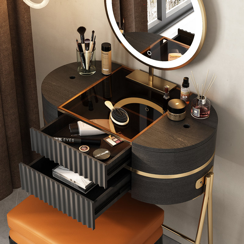 Dressing Table with Mirror, Gold/Black Brown