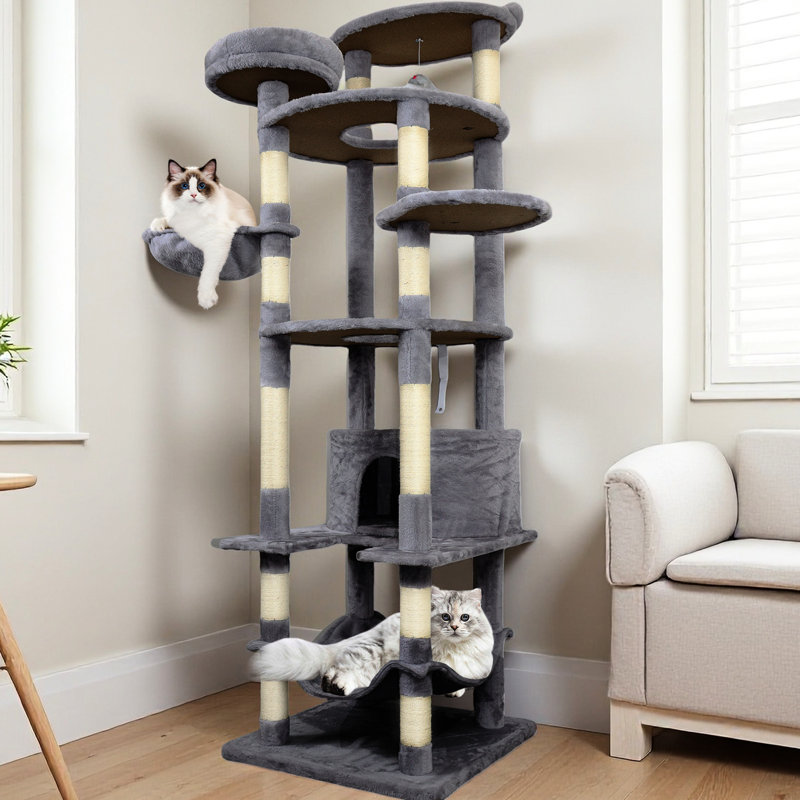 Tour pour chat de 78 pouces avec poteaux, grattage et jeux interactifs pour chats de différents âges Gris foncé, corde confortable, perchoirs, détente féline