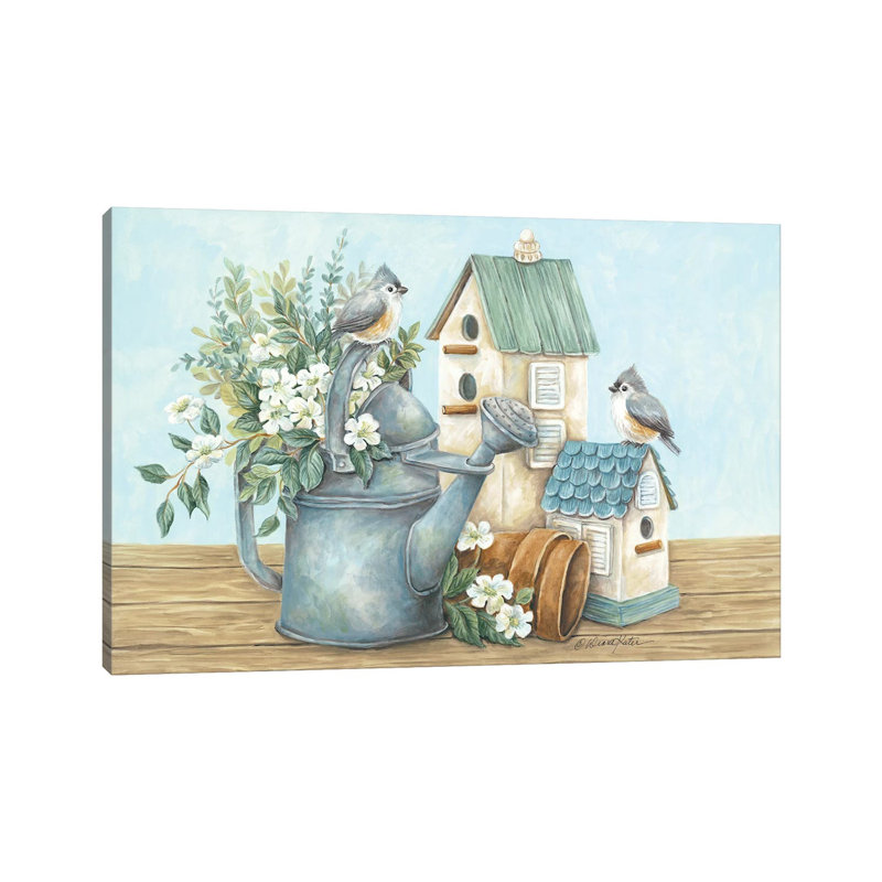 Watering Can And Chickadees by Diane Kater - Painting on Canvas, Wrapped Canvas, 66.04cm H x 101.6cm W x 1.91cm D