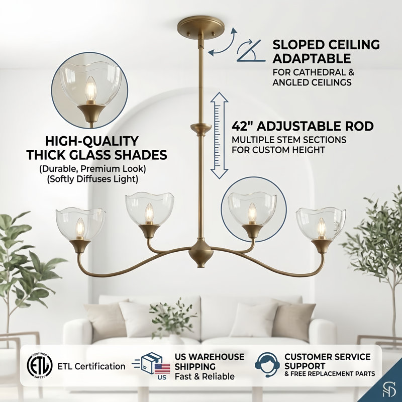 4-Light Linear Dimmable Chandelier, Antique Brass