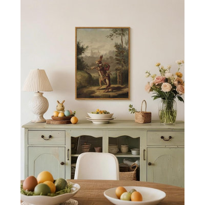 Vintage Rabbit Family Painting Framed Canvas Wall Art 12x16, Classic Cute Easter Bunny Landscape Storybook Style, Spring Countryside Animal Artwork Nursery Living Room Bedroom Farmhouse Decor
