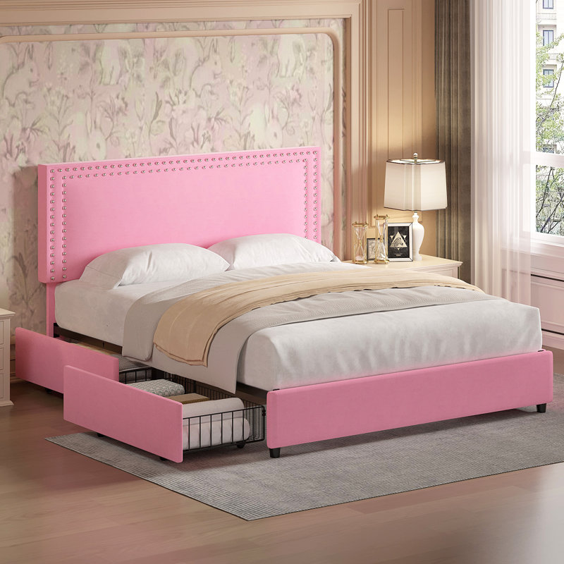 Queen Size Bed with Storage Drawers Upholstered Platform Bed Adjustable with Nailhead Trim Headboard Wooden Slats Support Bed Frame