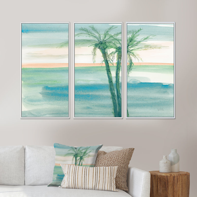Peaceful Dusk II Tropical - ensemble d'art mural sur toile tropical encadré de 3, H 28 po x l 36 po x P 1 po, Blanc