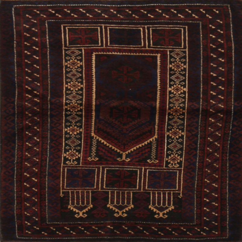 Tapis traditionnel rouge / noir, Carré 8 pi