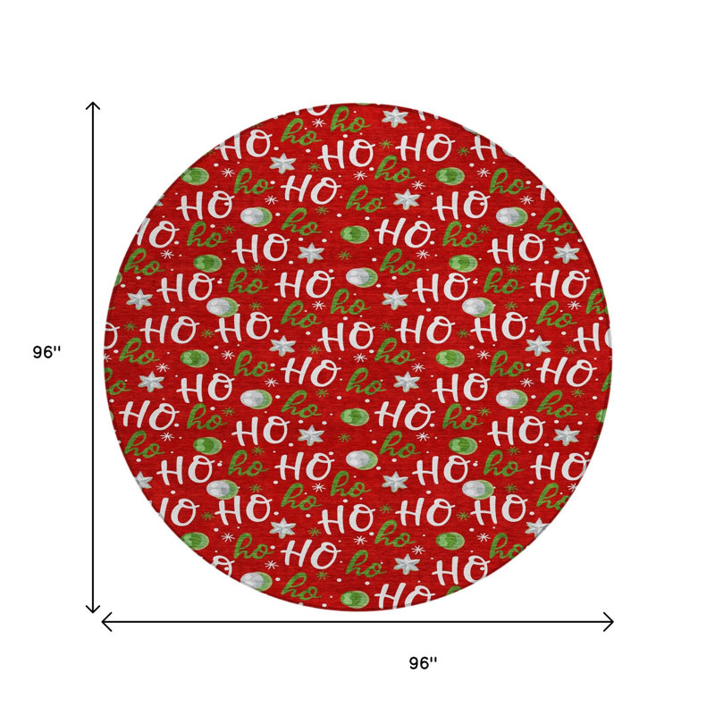 Tapis intérieur/extérieur rond de 8 pieds rouge, blanc et vert à motifs « Ho Ho Ho », lavable