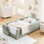 Lit plateforme simple avec matériau Boucle, conception mignonne d'oreille de lapin, fonctionnalité et rangement, couleur cyan pour la structure de la chambre à coucher, tête de lit, poche de rangement,-130428420