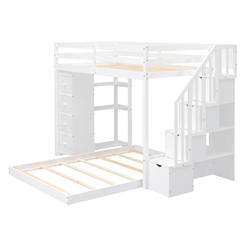 Lit superposé avec tablettes à 3 niveaux, tiroirs et escalier de rangement, Blanc