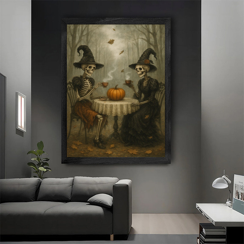 «Black», encadré noir, Halloween, squelette, sorcières, thé, art mural rétro, impressions de style universitaire foncé