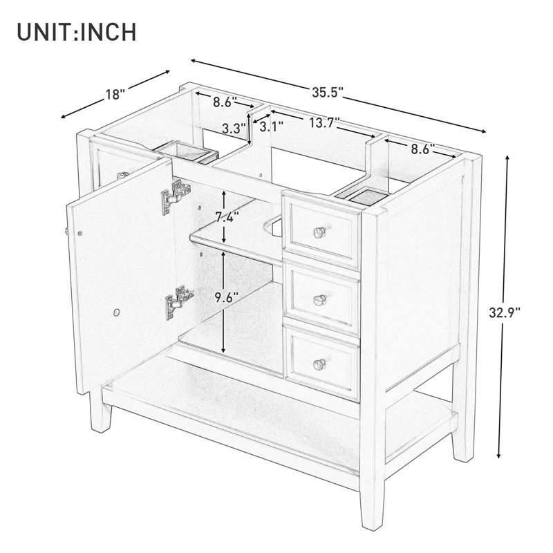 36" Blue Painted Freestanding Bathroom Vanity Cabinet with Drawers