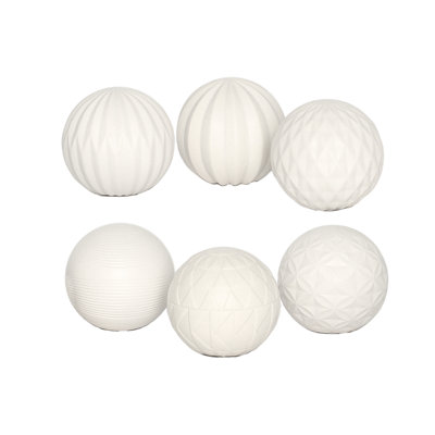 Ceramic Round Tabletop Ball Decor with Embossed Geometric Designs Body Assortment of Six SM Matte Finish White..(5.00"x5.00"x4.75"H)x6