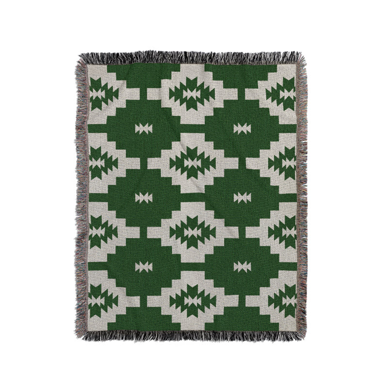 Hinto South Western Cotton Blend Blanket Throw, Green/Off-White, 60" L x 50" W