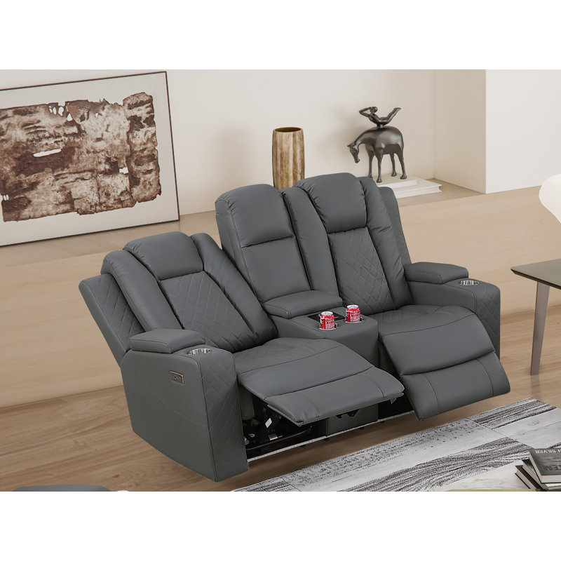 Tayeba Power Leather Recliner Loveseat Sofa With Storage Consol & Bluetooth Speakers & Led Lights, Gray