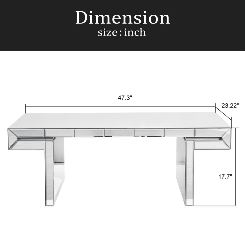 Table basse à miroir rectangulaire de luxe 47 pouces avec verre trempé cannelé, table d'appoint moderne pour canapé, assemblage facile en 2 étapes, style luxueux léger, emballage renforcé