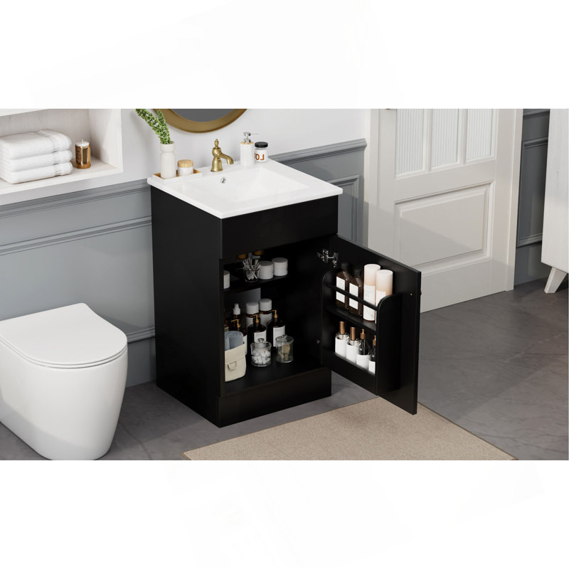 Meuble-lavabo de 20 po avec lavabo, meuble-lavabo avec tablette de porte et tablette réglable, Noir et or, 20"
