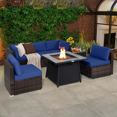 Ensemble de meubles de patio 7 pièces avec foyer d'extérieur au gaz propane 35 po et housse imperméable brun