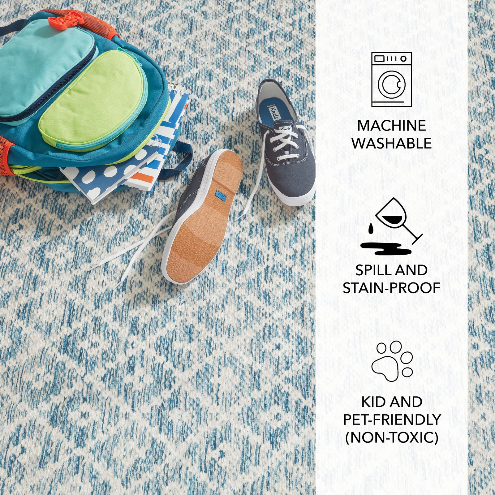 Melange Diamond Blue Machine Washable Rug, Rectangle 3' x 5'