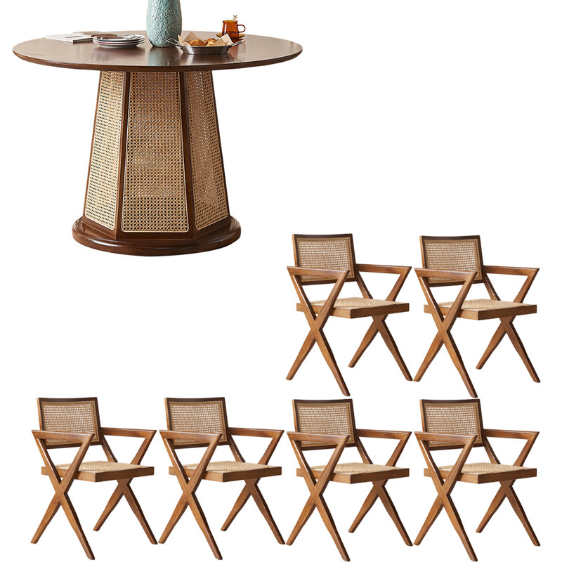Ensemble de table ronde en bois massif de style moyen-antique, H 29,5 po x L 54,3 po x l 54,3 po, 7