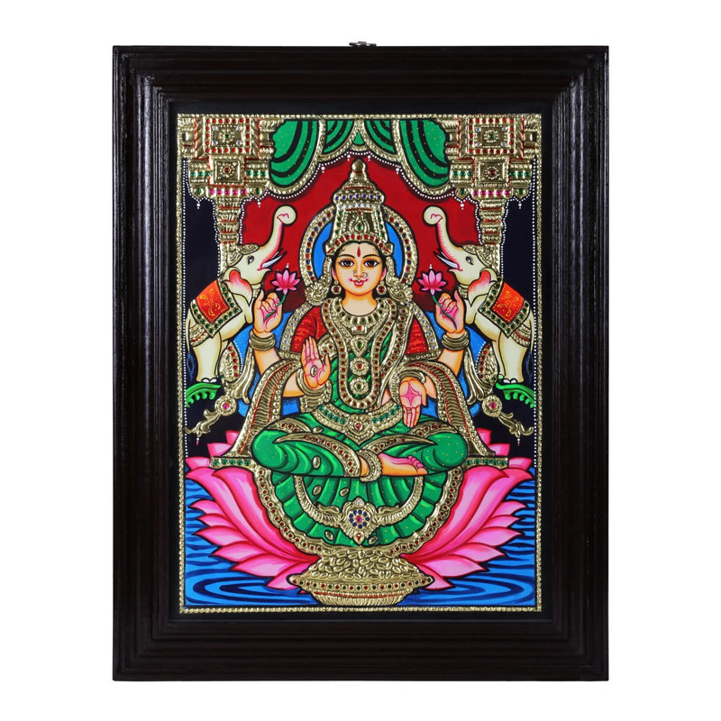 Peinture Devi Gajalakshmi Tanjore | Couleurs traditionnelles avec or 24 carats | Structure en bois de teck | Or et bois