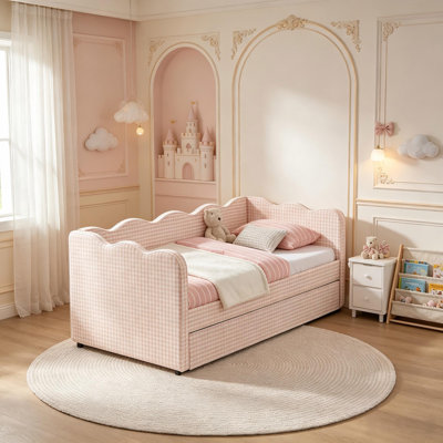 Lit de jour simple avec lit gigogne, canapé-lit en lin avec port USB, sommier non requis, adorable lit plateforme en forme de vague pour chambre d'enfant, chambre d'amis, petits appartements, rose.