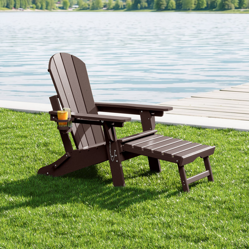 Chaise Adirondack d'extérieur réglable et pliante avec porte-gobelet et repose-pieds dissimulé, Marron foncé