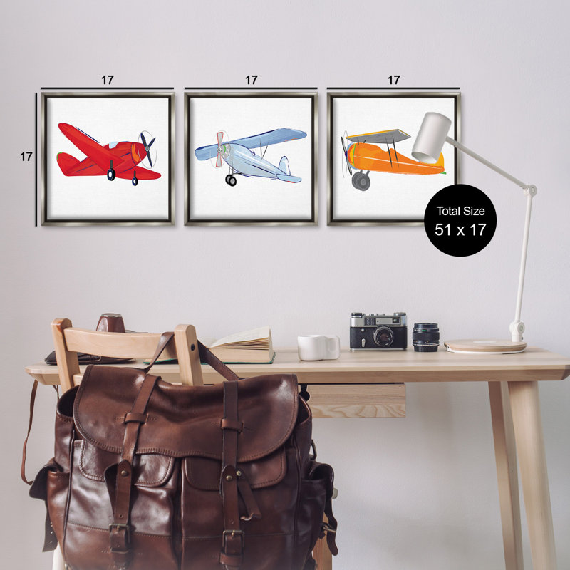 «Triple Colorful Airplanes Dessin», ensemble de 3 toiles flottantes encadrées par Sweet Pea Studio, H 18 po x l 18 po