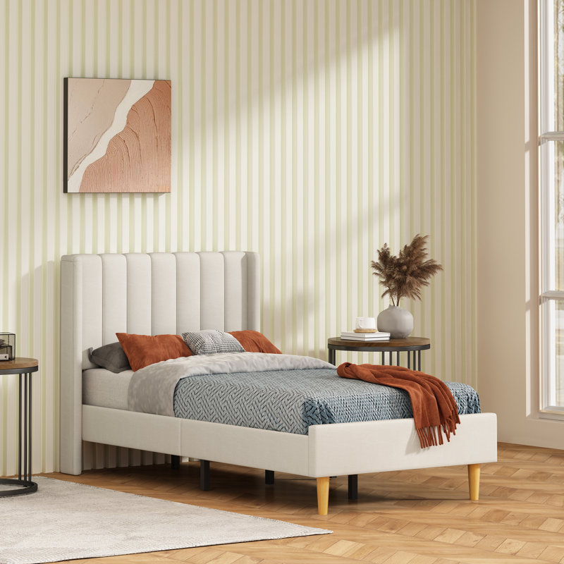 Base de lit tapissier avec tête de lit à oreilles Deeb, Simple, Lin beige