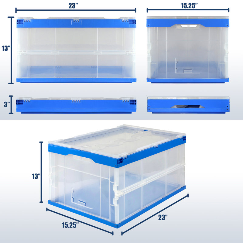 Mount-It! Collapsible Crate For Storage, Folding Plastic Container With Attached Lid, 23X15X13 Inches, 65L Liter Capacity 