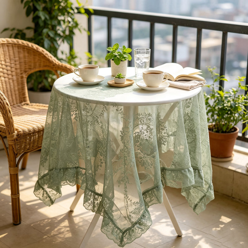 Nappe carrée en dentelle vert sauge 60 x 60 pouces à volants et motif floral, idéale pour la décoration de mariage et de réception.