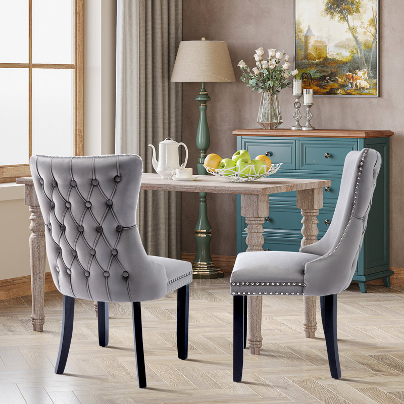 Ensemble de 4 chaises de salle à manger en velours à oreilles, Gris