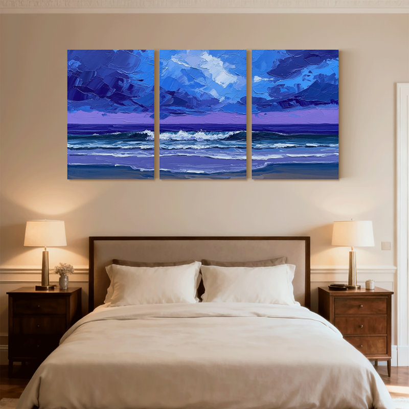 Nautique et plage, vagues de l'océan sous un ciel mauve, ensemble de 3 impressions sur toile, H 18 po x l 36 po