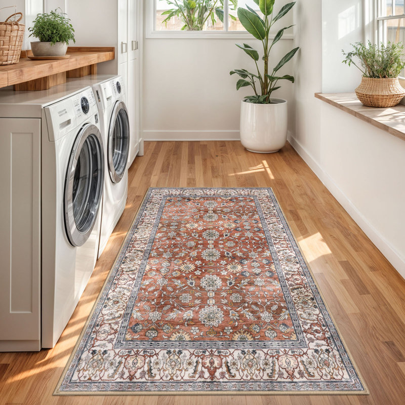 Area Rug Machine Washable Rug Oriental Indoor Rugs with Non-Slip Backing, Red/Clay, Rectangle 3' x 5'