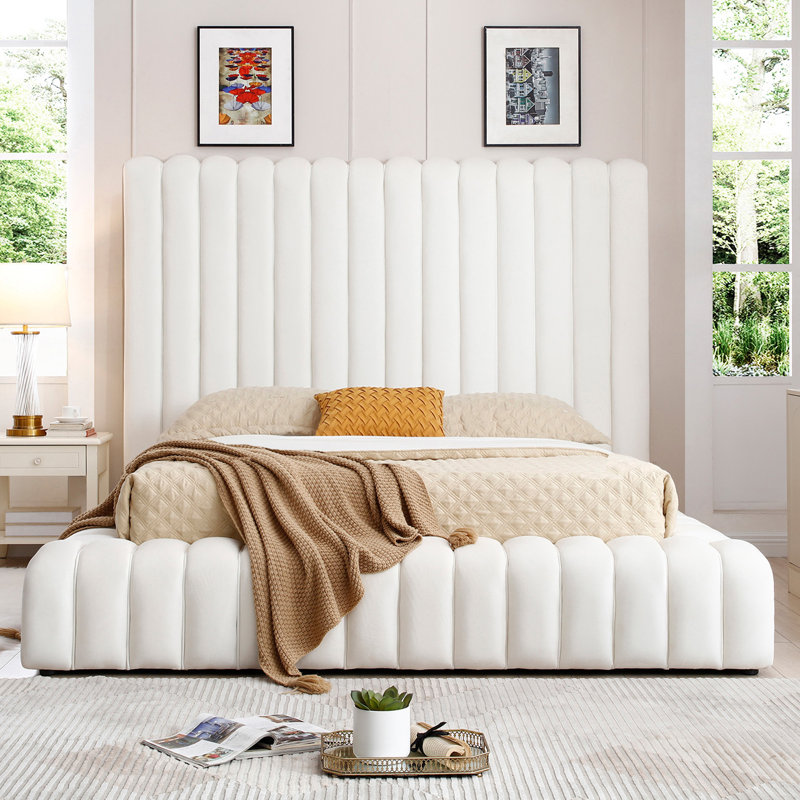 Lit plateforme en velours Kaydence, Crème, Grand lit
