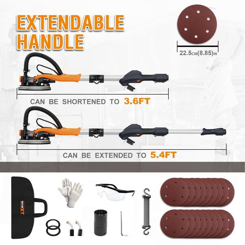 Drywall Sander With Vacuum Dust Collection, 6 Variable Speed Foldable Telescopic Electric Wall Sander, Popcorn Ceiling Removal Tool, 1900RPM Power Sander Tool, LED Light, 18Pcs Sanding Discs