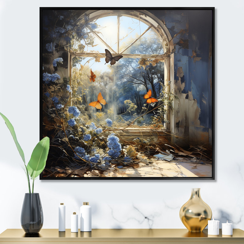 Cottage bleu ensoleillé papillon II - art mural papillon, H 36 po x l 36 po x P 1,5 po, Cadre flottant noir