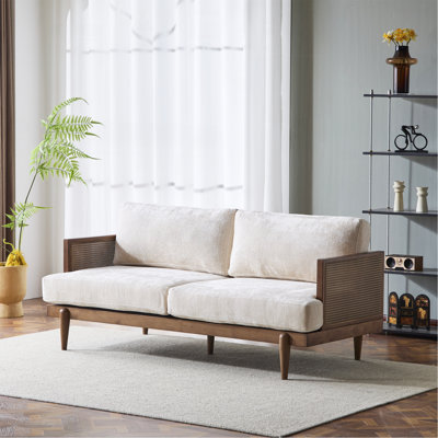 72" Square Arm 3-Seater Boucle Sofa With Cane Rattan And Wooden Frame,Walnut,,Living Rooms,Bedrooms,Apartment Office