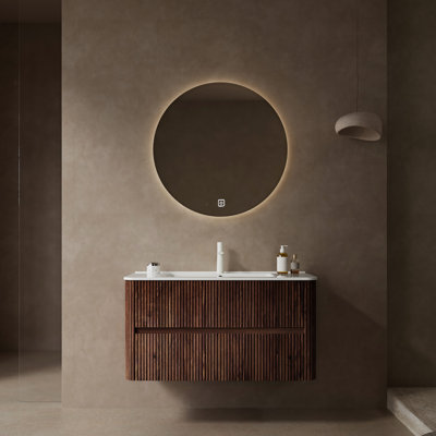 Lavabo de meuble-lavabo 36 po. Armoire moderne en contreplaqué. Lavabo en céramique blanche avec rangement à 2 tiroirs de style noyer rétro.