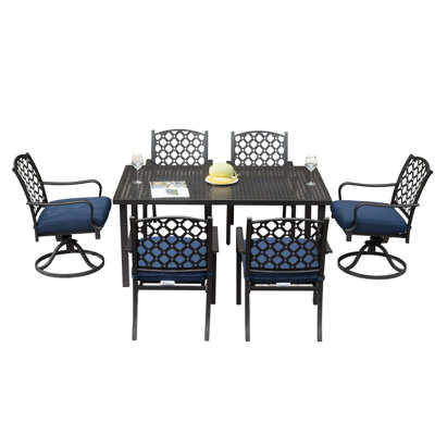 7 Pcs Patio Dining , Metal With Navy Blue Cushions, Iron For Outdoor Lawn Use Pcs, & Table, Yard