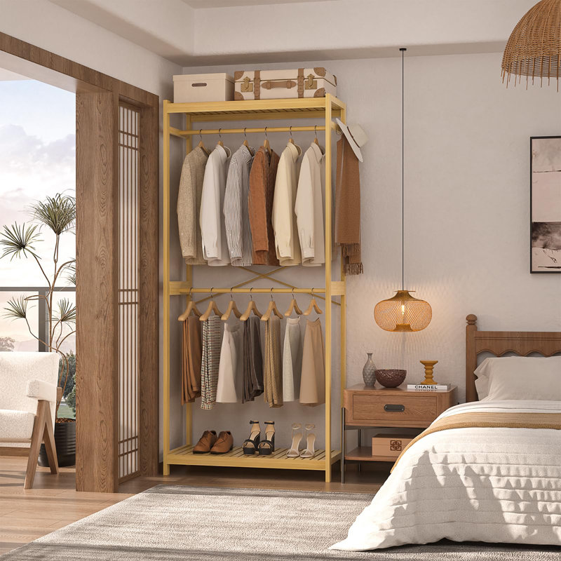 Portant à vêtements en bambou avec tablettes et double tringle, Naturel / naturel