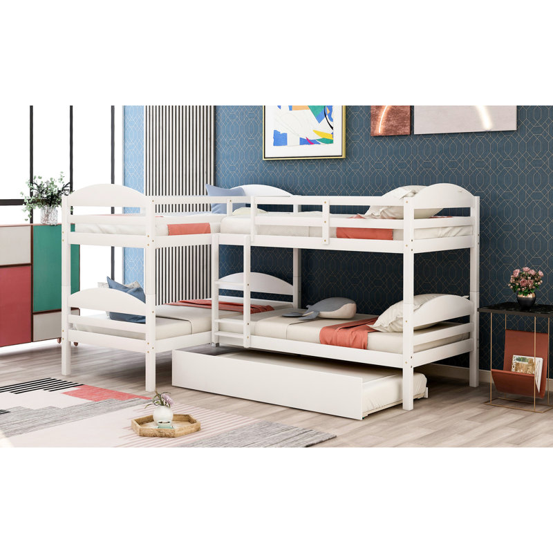 Lit superposé blanc en forme de L avec lit gigogne, solide et fiable, s'adapte à tout lit gigogne. Structure en bois massif. Polyvalent pour un usage familial. 6 ans et plus. Pas de sommier tapissier. Capacité de 300 lb