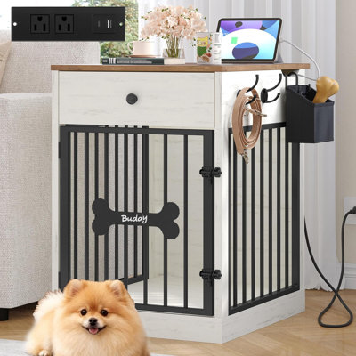 Meuble de rangement pour chien 24,6 po avec rangement et chenil d'intérieur pour chien | Caisse pour petit chien avec station de charge, meuble pour chenil et table d'appoint avec rangement pour petits chiens, brun blanc